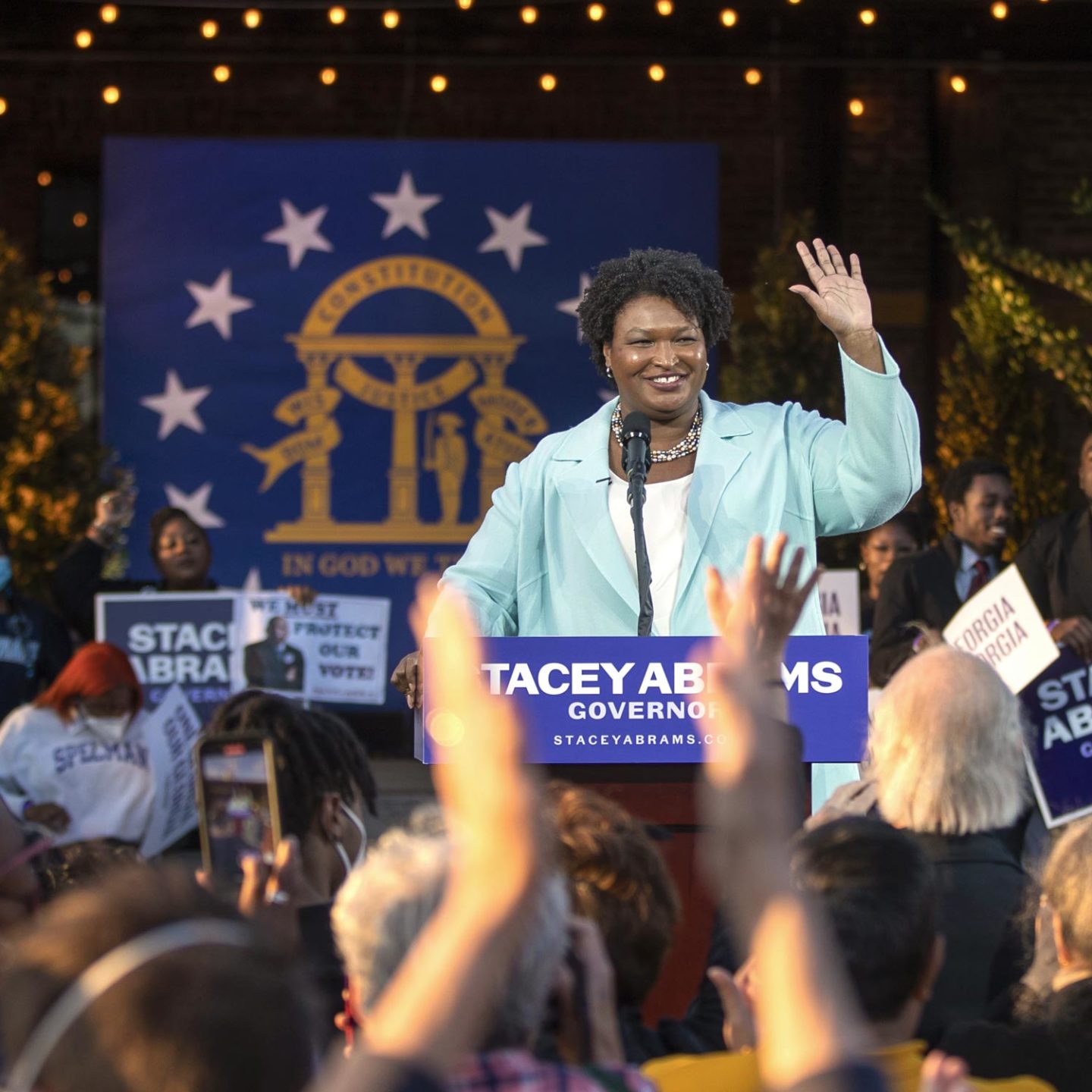 Photo of Stacey Abrams addressing supporters in Atlanta, Georgia.